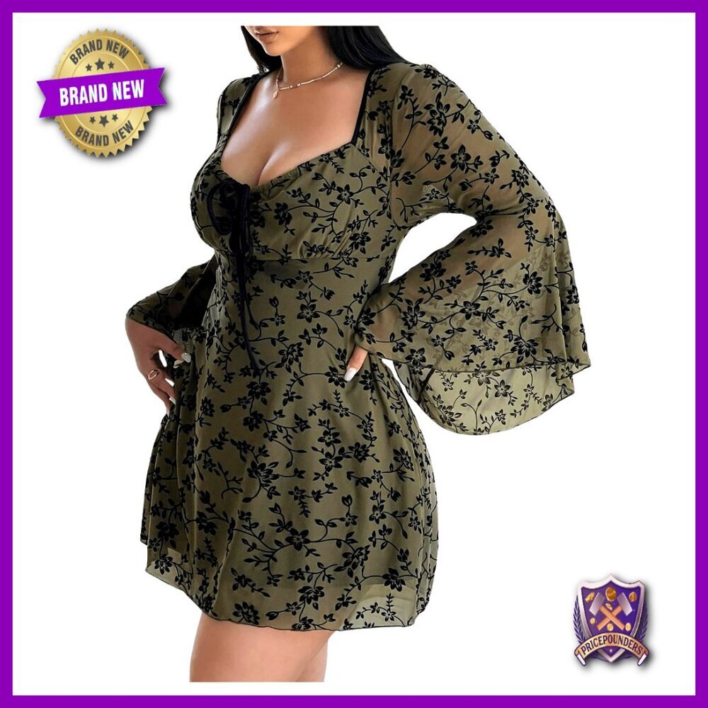 Plus Size Floral Gothic Dress Flare Long Sleeve Mesh A-Line